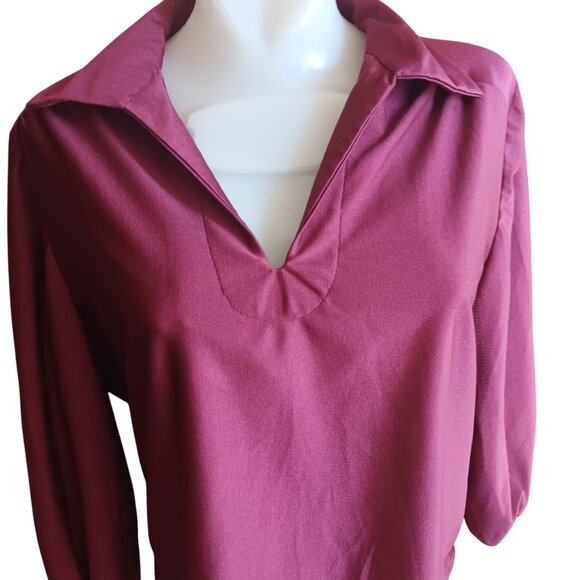 Vintage 1970s Handmade Red Top Womens Medium Big Collar Stretch Polyester USA - Picture 1 of 5
